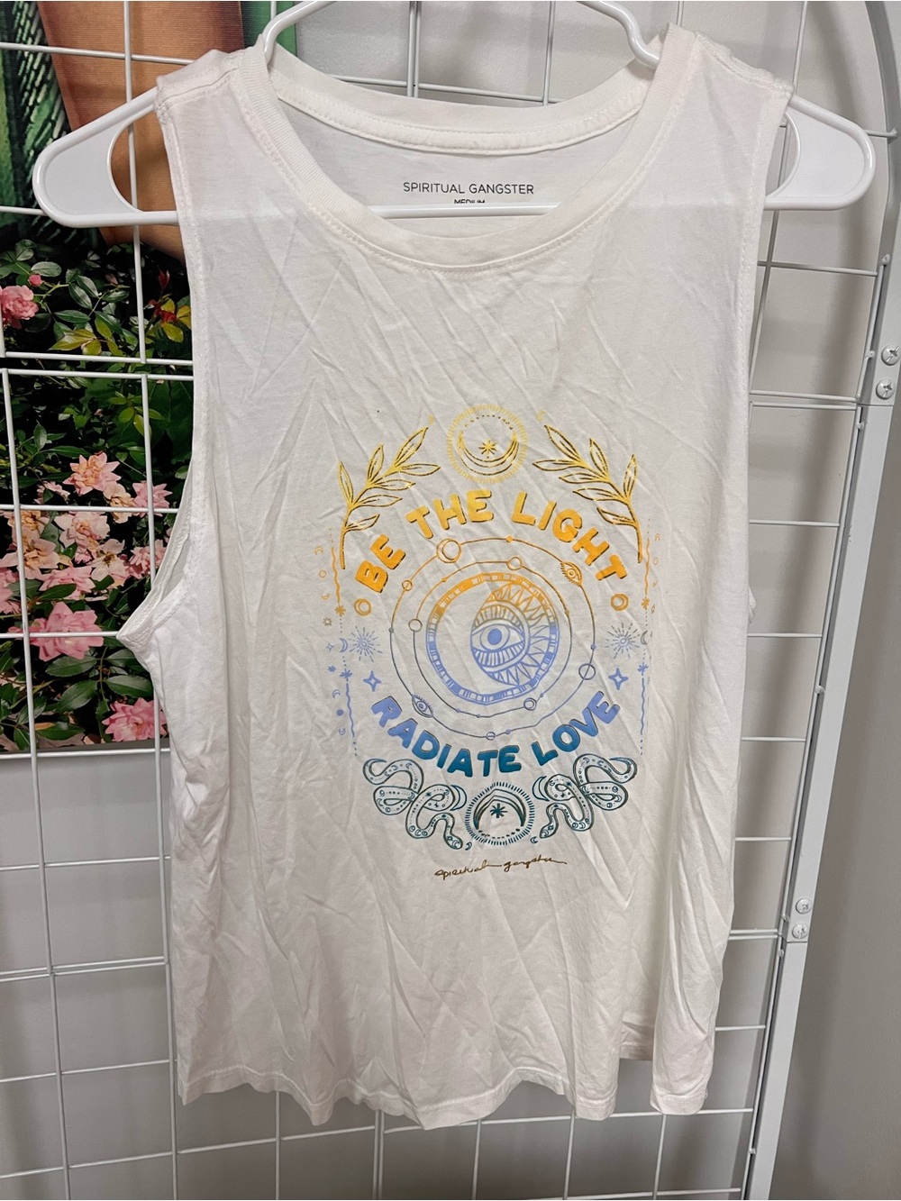 Spiritual Gangster White Muscle Tank with Yellow & Blue Graphic